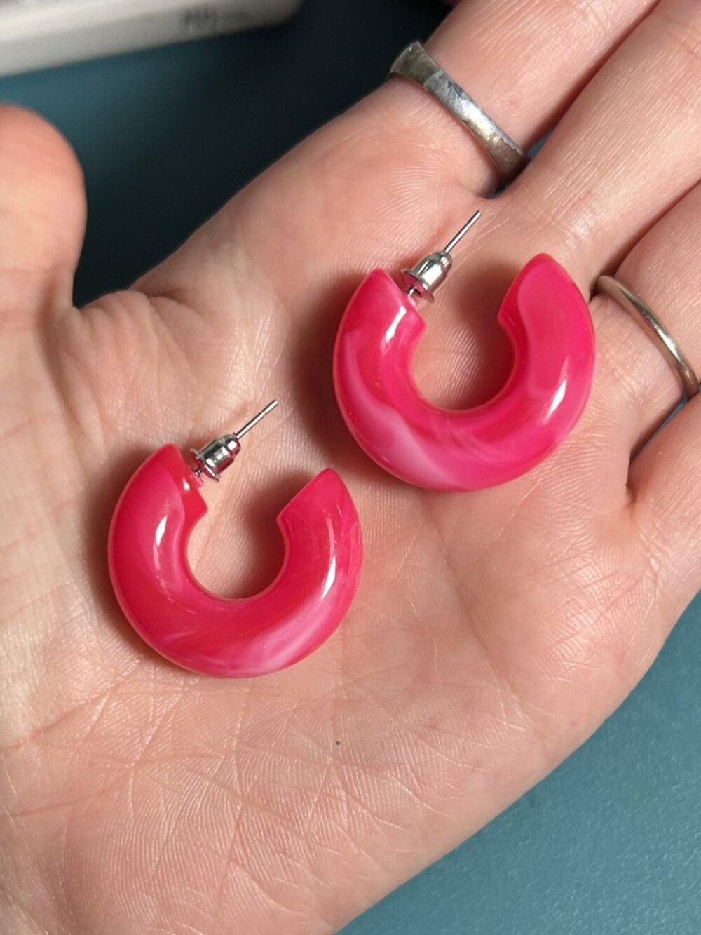 Hot Pink Marbled Lucite Hoop Earrings Acrylic Statement Hoops